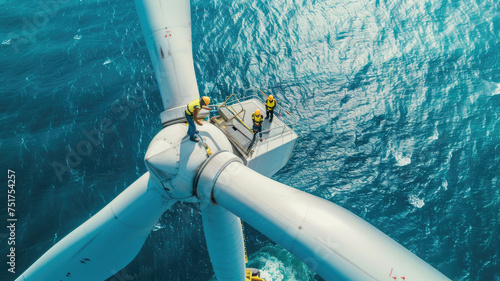People works on top of wind turbine in sea, engineers perform maintenance of windmill in ocean, aerial view. Concept of energy, power, sustainable development photo