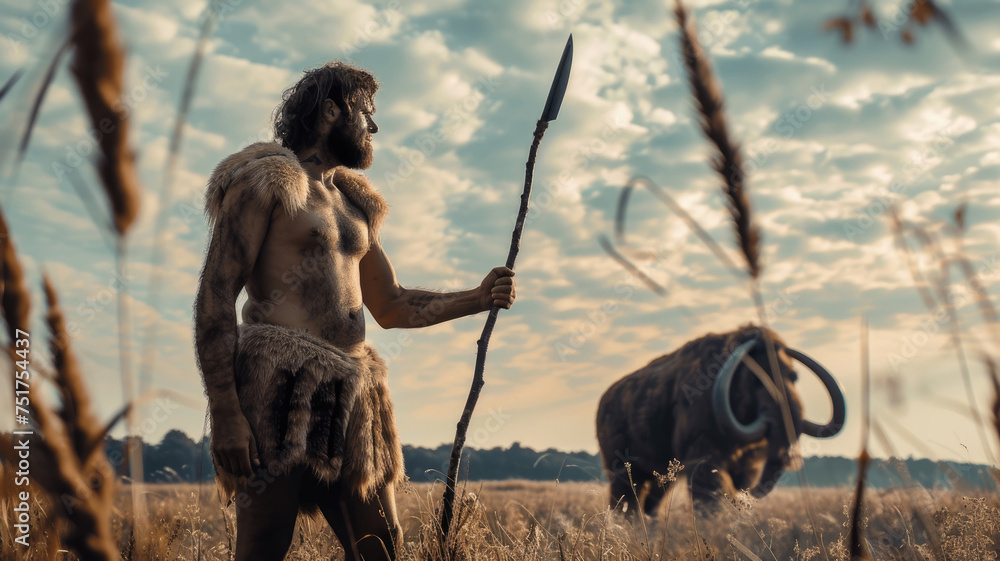 Neanderthal man and woolly mammoth at sunset, primitive human holding spear hunts animals, caveman of prehistoric era outdoor. Concept of ancient people, Stone Age and hunter.