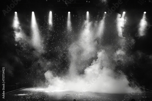Dramatic Ambiance: Vector Illustration of Stage with Lights and Smoke, Black and White Mastery