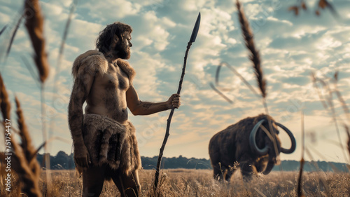 Neanderthal man and woolly mammoth at sunset, primitive human holding spear hunts animals, caveman of prehistoric era outdoor. Concept of ancient people, Stone Age and hunter. photo