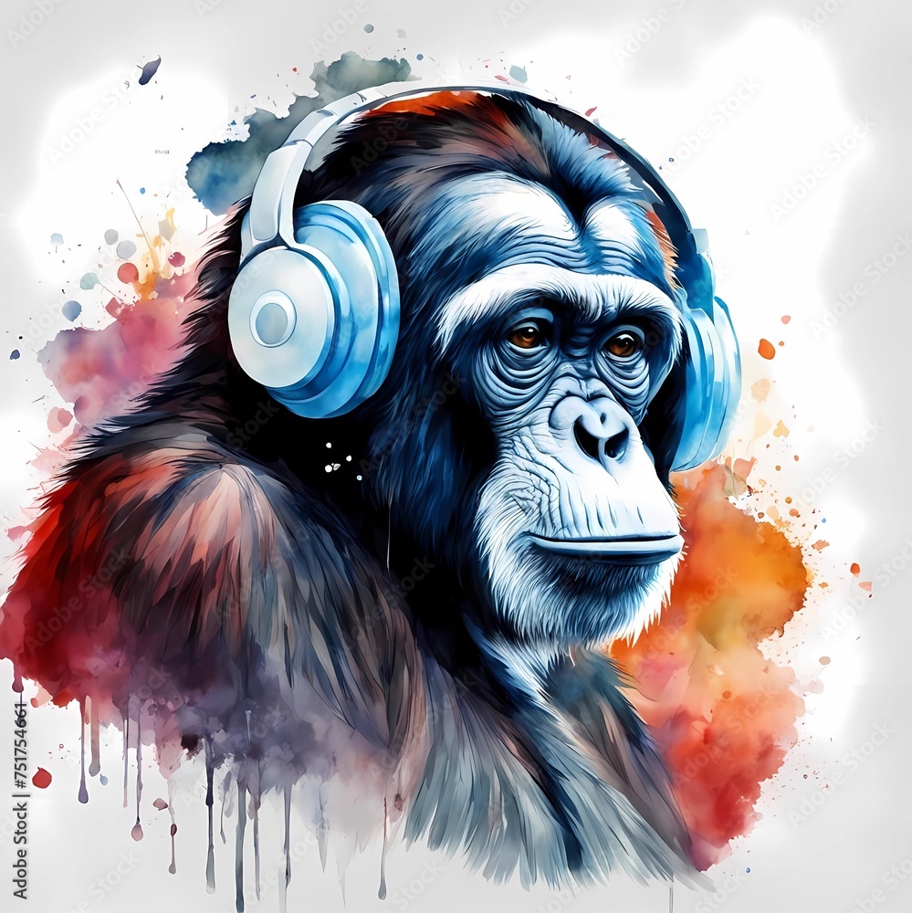 Chimpanzee listening to music. Watercolor drawing. Generative AI