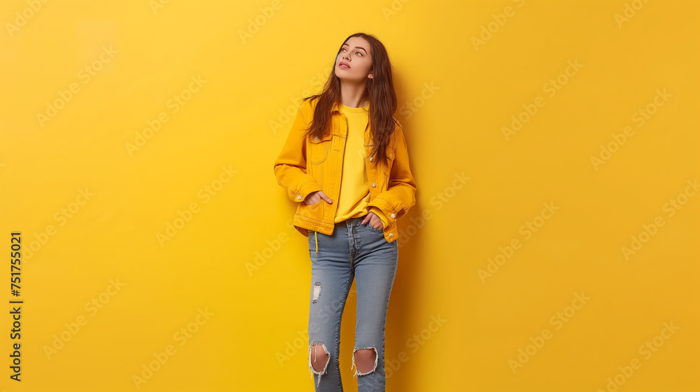 Mulher fazendo pose isolada no fundo amarelo - Papel de parede - obrazy, fototapety, plakaty 