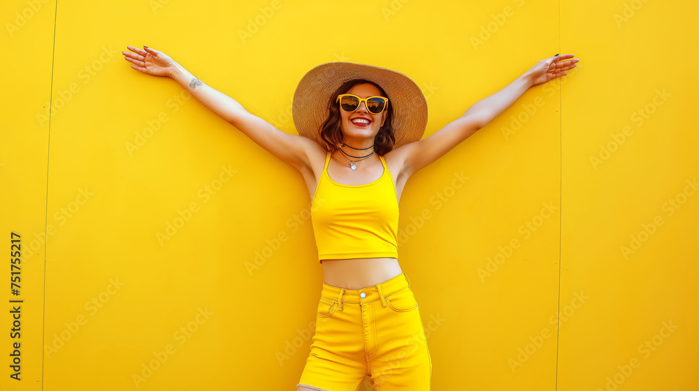 Mulher feliz usando óculos escuros isolada no fundo amarelo - obrazy, fototapety, plakaty 