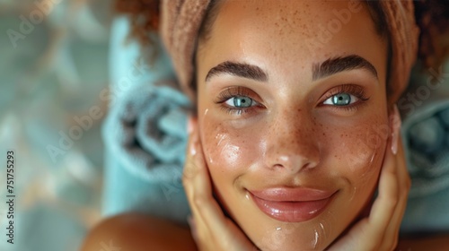 Woman With Blue Eyes and Towel on Head