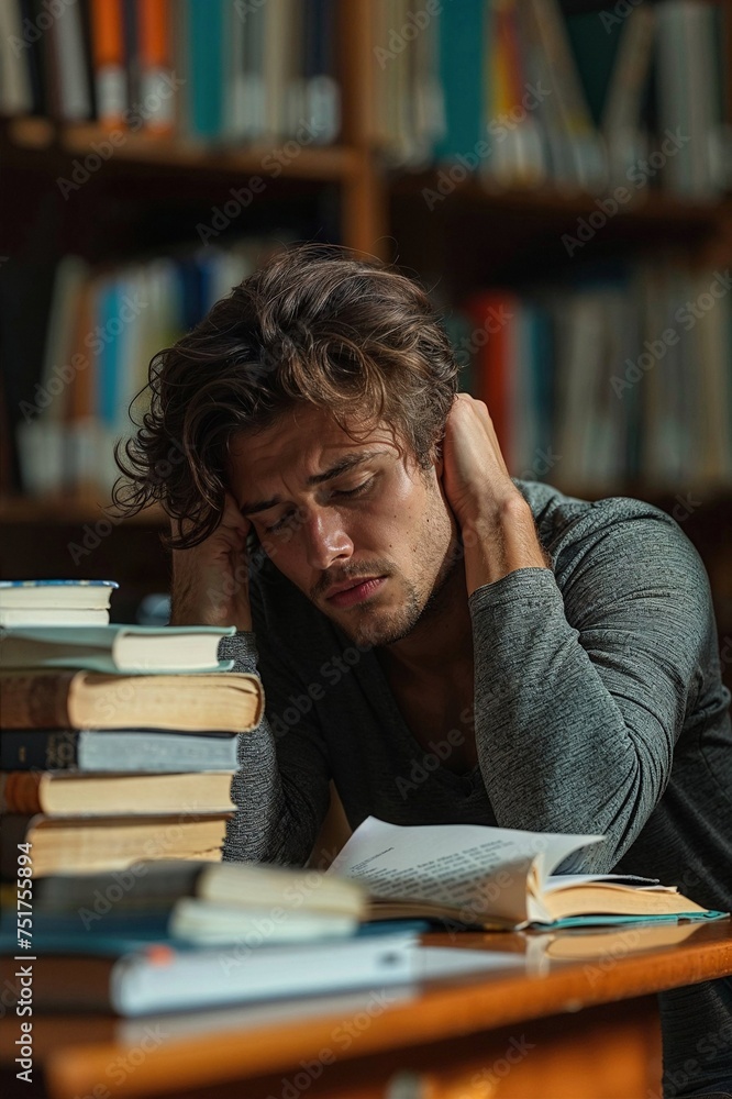 Überforderter Student: Müdigkeit und Stress beim Lernen Überforderter Student: Müdigkeit und Stress beim Lernen