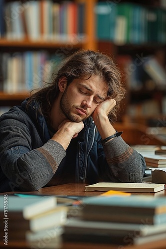 Überforderter Student: Müdigkeit und Stress beim Lernen photo