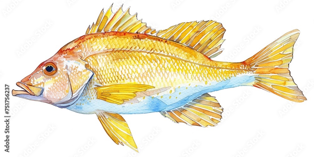 Watercolor illustration of Raw Yellow Tail Snapper Isolated on White Watercolor illustration of Raw Yellow Tail Snapper Isolated on White