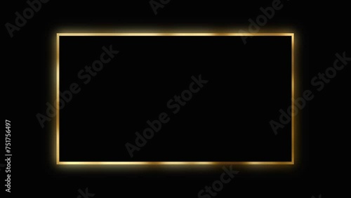 On a black background, a black rectangle frame with a gold border, free space for text and product advertising. Animation of a luxury frame in a minimalism style.