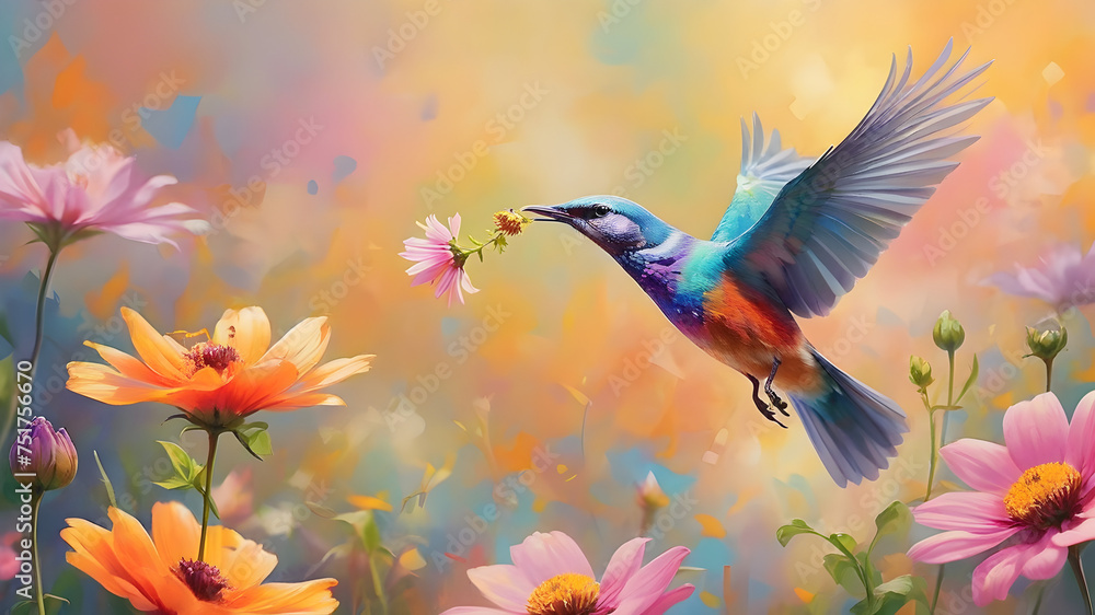 bird flying over flower, bright, delicate colors