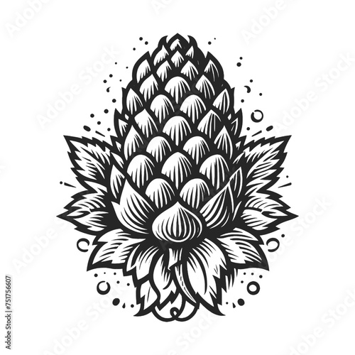 Detailed Hop cone black and white vintage illustration. Sketch engraving generative ai vector illustration. Scratch board imitation. Black and white image.