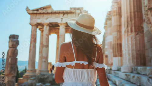 A woman travels to the sights of Europe. A girl in a white dress is relaxing on vacation.