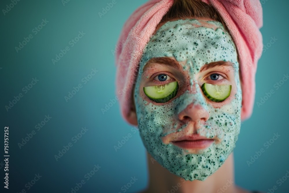A young man with a vibrant green face mask and cucumber slices on his eyes relaxes, embodying modern skincare routines and self-care practices. A young man with a vibrant green face mask and cucumber slices on his eyes relaxes, embodying modern skincare routines and self-care practices.