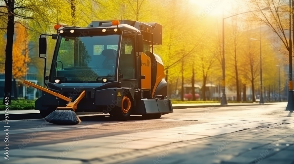 Obraz premium Street Cleaner. A road sweeper. Demonstration of harvesting equipment.