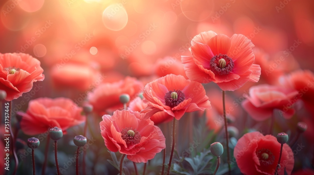 Obraz premium A field of red poppies with the sun in the background