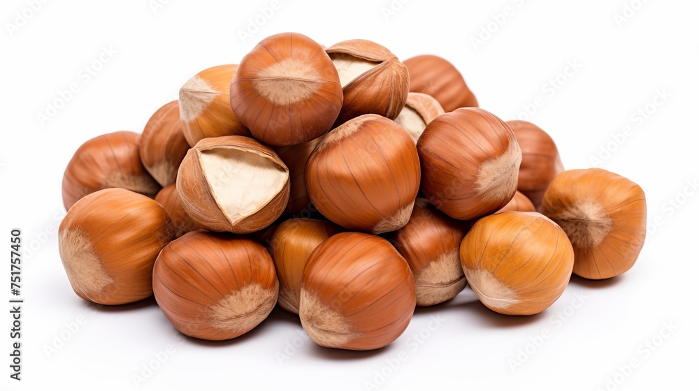 Whole hazelnuts displayed in isolation on a white background. Whole hazelnuts displayed in isolation on a white background.