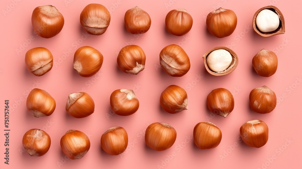Whole and halved hazelnuts presented in a top view on a white background, isolated. Whole and halved hazelnuts presented in a top view on a white background, isolated.