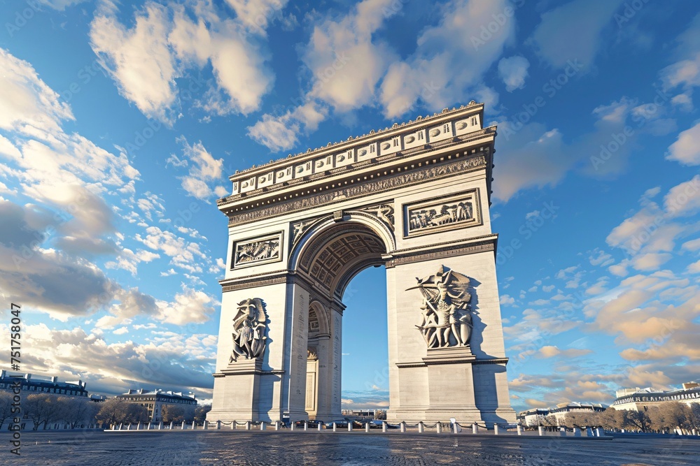 a large stone arch with statues on it with Arc de Triomphe in the background