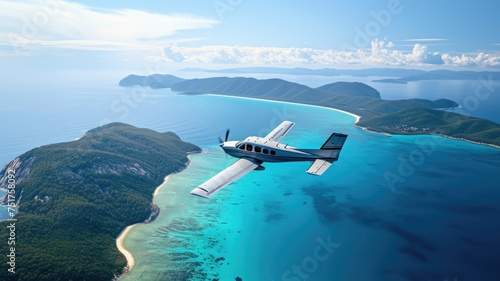 luxury private jet,aero taxi flies over a breathtaking tropical landscape, highlighting exclusive travel and the allure of remote destinations