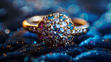 A stunning close-up shot of a ring sparkling brilliantly against a plush, dark velvet backdrop. The image perfectly captures the radiance and luxury associated with high-end jewelry.