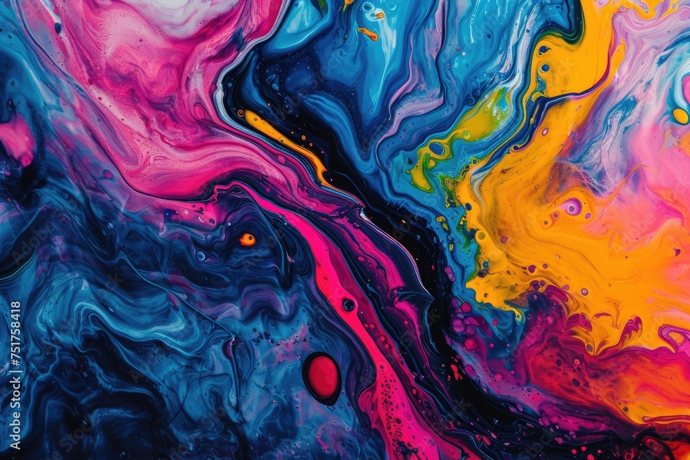 close-up of an abstract acrylic painting features swirling blues, greens, yellows, and oranges in a wave-like pattern, with a dark void space in the center, creating a sense of movement and mystery.