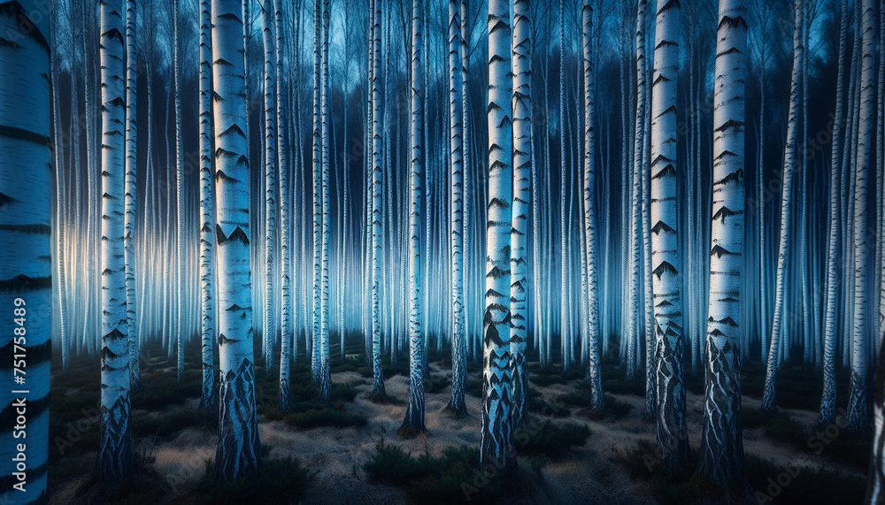Mystical blue forest scene with birch trees at twilight. Mystical blue forest scene with birch trees at twilight.