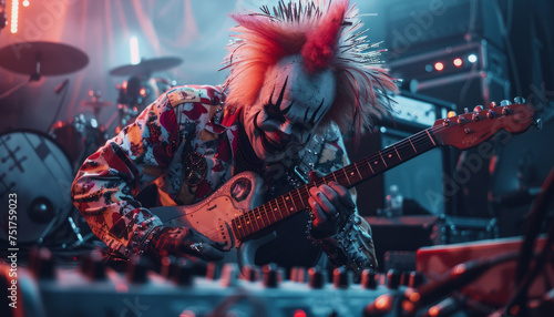 Rock and roll musician clown joker plays guitar at a concert. photo