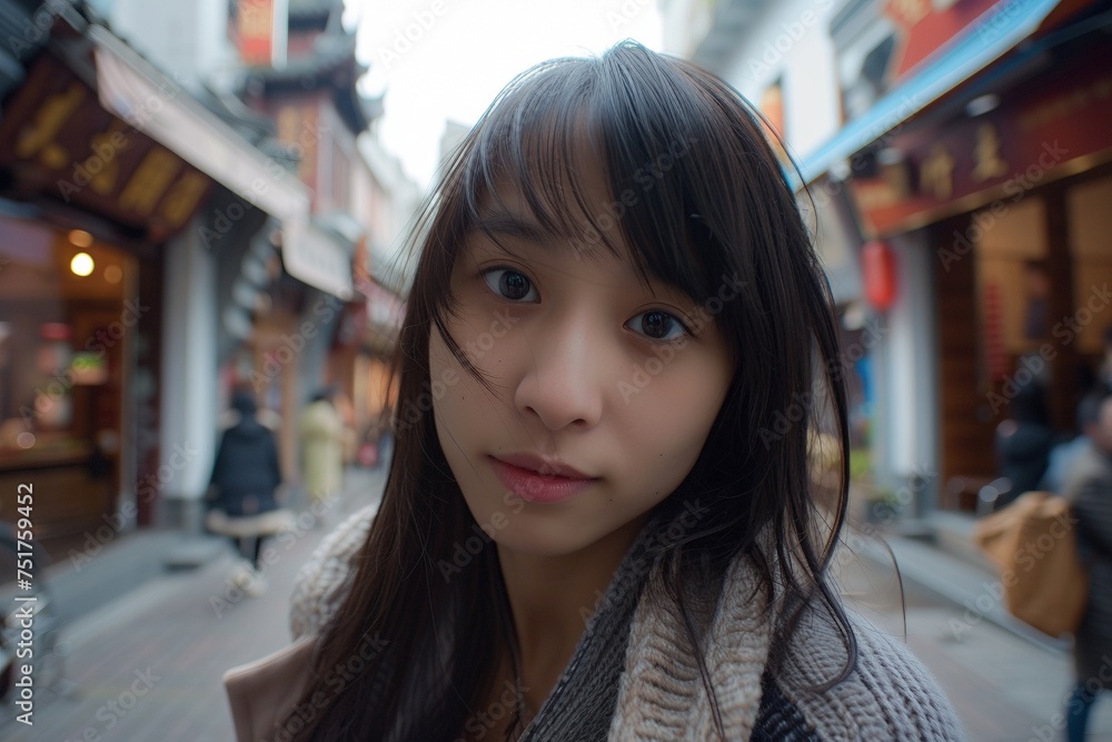 A radiant young Chinese woman with warm eyes and a friendly smile, captured in a wide-angle shot, welcomes the viewer into a vibrant scene A radiant young Chinese woman with warm eyes and a friendly smile, captured in a wide-angle shot, welcomes the viewer into a vibrant scene