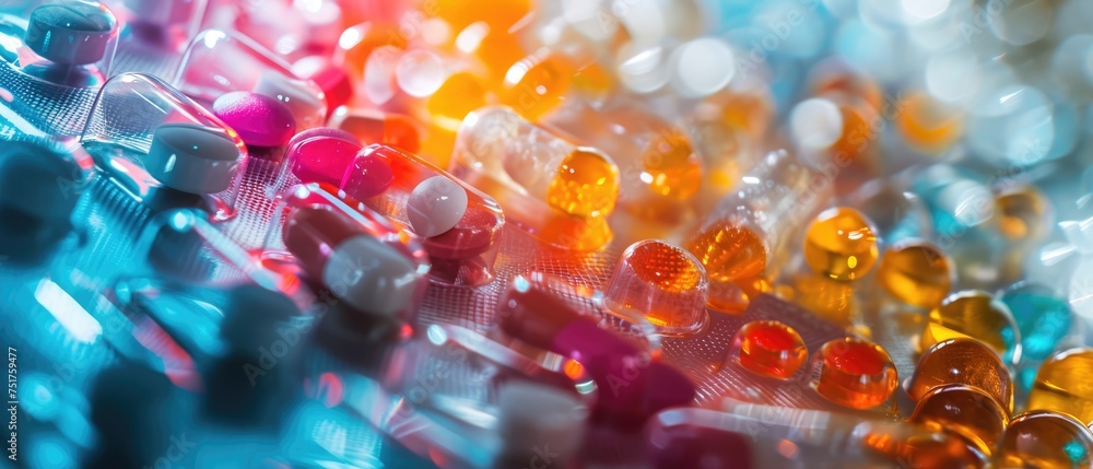 A close-up of a pile of colorful, loose medication on a table. The pills are various shapes and sizes, with bright colors and some transparency. - obrazy, fototapety, plakaty 