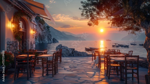A restaurant with tables and chairs on a patio overlooking the water