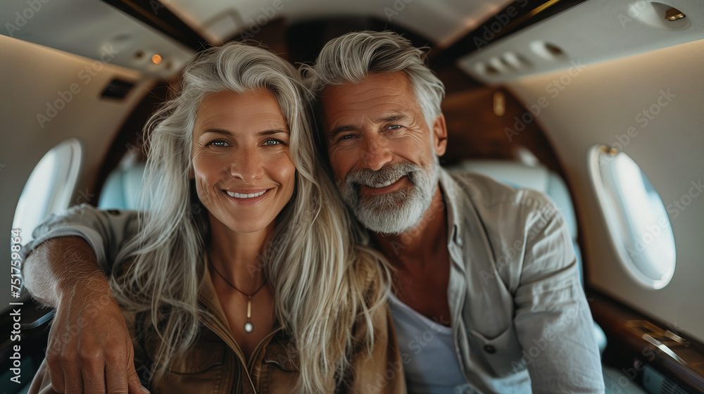  Smiling senior couple in luxury private airplane cabin