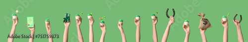Collage of female hands holding sweet cupcakes and symbols of St. Patrick's Day on green background