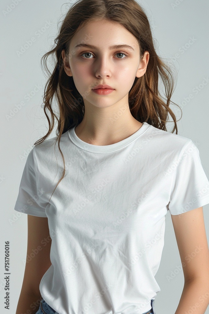 Casually Chic: Young White Woman in Neatly Ironed White Round Neck T-Shirt and Jeans, Against a Clean White Background Casually Chic: Young White Woman in Neatly Ironed White Round Neck T-Shirt and Jeans, Against a Clean White Background