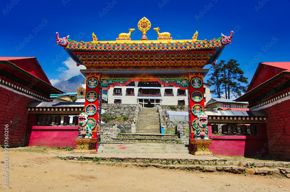 Tengboche Monastery situated at 3867 meters is the largest Tibetan monastery, also called Dawa Choling gompa in Tengboche village,Nepal - obrazy, fototapety, plakaty 