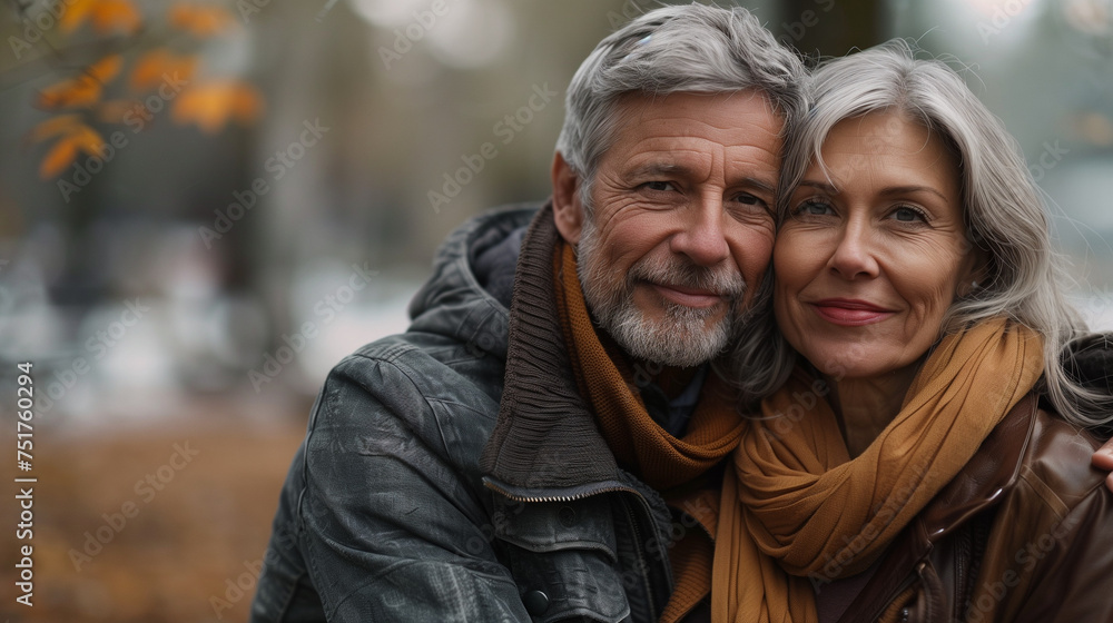 Affectionate senior couple embracing outdoors in autumn. Affectionate senior couple embracing outdoors in autumn.