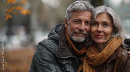 Affectionate senior couple embracing outdoors in autumn.