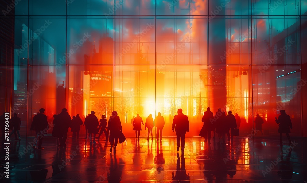 A group of people walking in front of a building with a fire in the background, creating a dramatic scene against the natural landscape