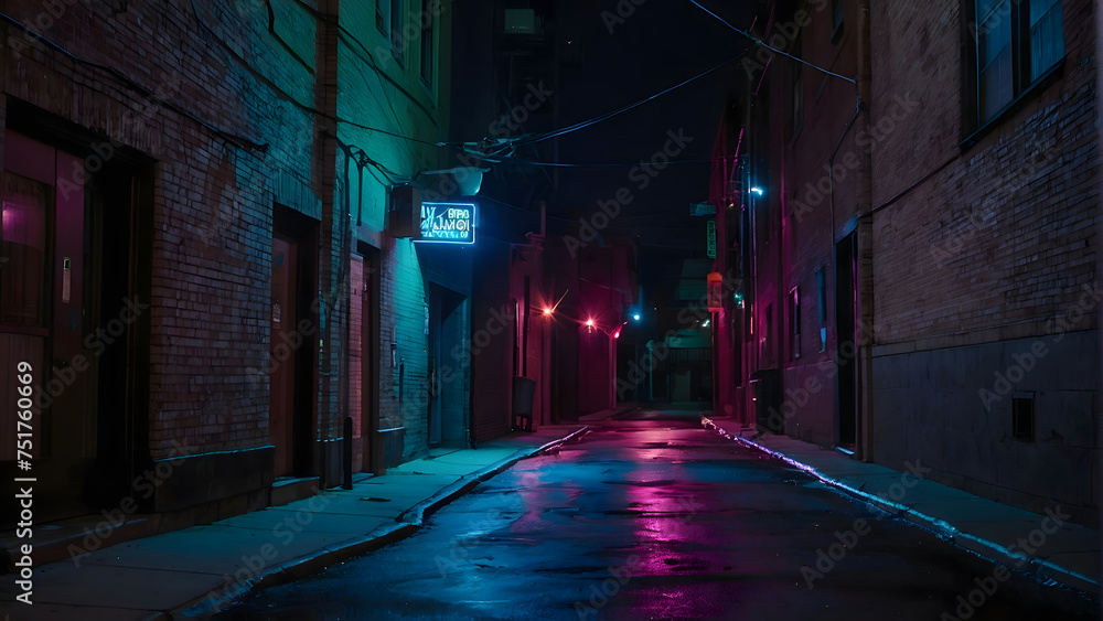 Alley Night With Purple And Blue Neon Lights
