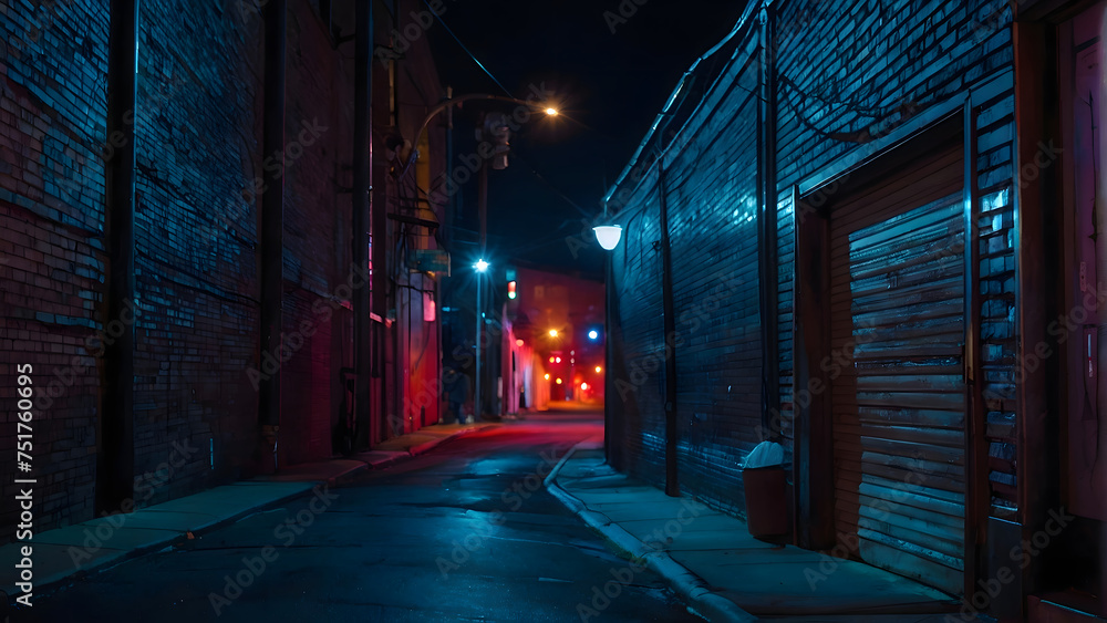 Alley Night With Red And Blue Neon Lights