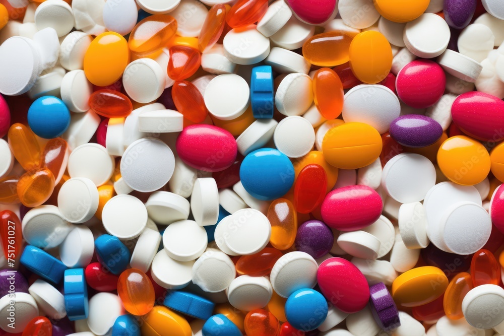 a bunch of colorful pills and capsules spilling out of a broken prescription bottle. The pills are scattered on a white surface. a bunch of colorful pills and capsules spilling out of a broken prescription bottle. The pills are scattered on a white surface.