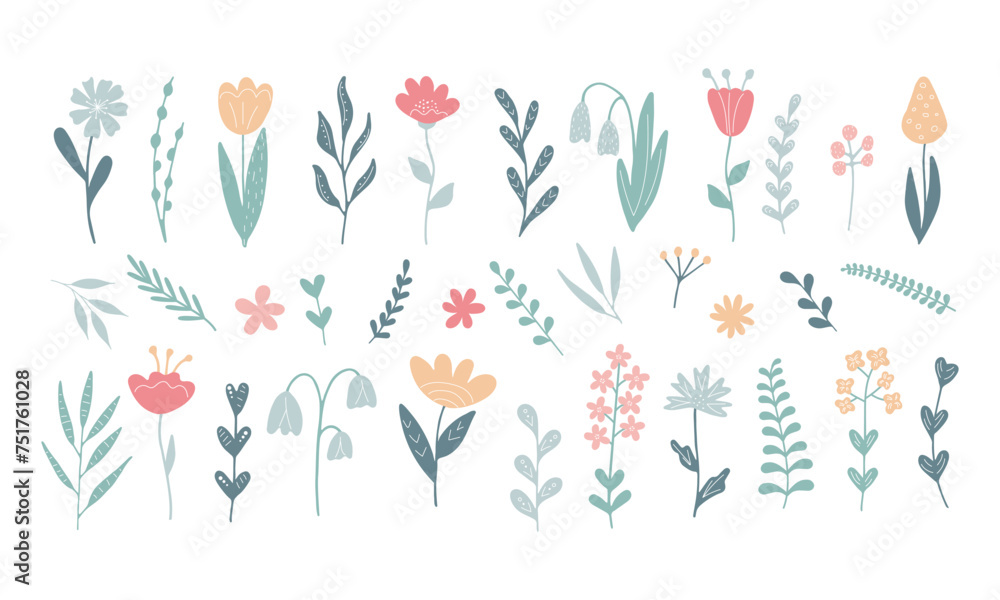 Collection of Cute Flat design colorful Flowers Branches. Spring Summer Set of Plants isolated on white. Botanical Abstract hand drawn Floral illustration in Scandinavian style. Elements for design Collection of Cute Flat design colorful Flowers Branches. Spring Summer Set of Plants isolated on white. Botanical Abstract hand drawn Floral illustration in Scandinavian style. Elements for design