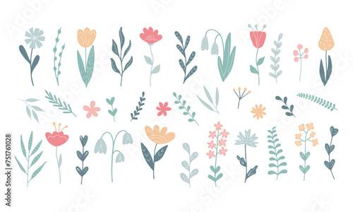 Collection of Cute Flat design colorful Flowers Branches. Spring Summer Set of Plants isolated on white. Botanical Abstract hand drawn Floral illustration in Scandinavian style. Elements for design