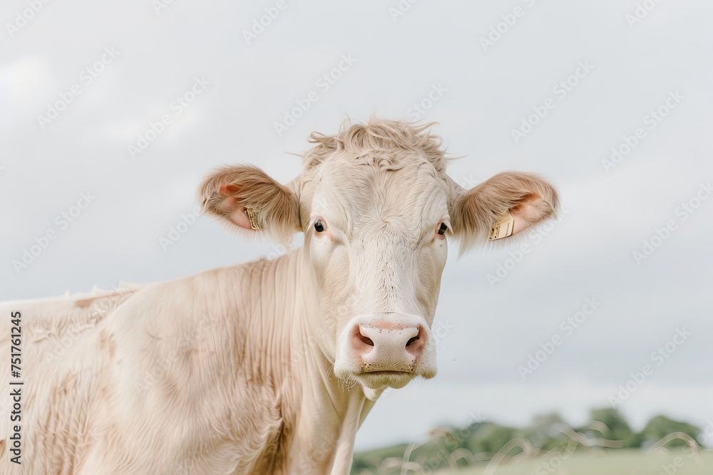 Serene Charolais Cow in Pastoral Landscape Serene Charolais Cow in Pastoral Landscape