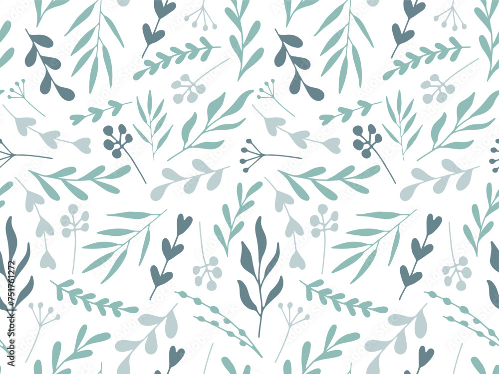 Fototapeta premium Abstract Botanical Seamless Pattern. Green Silhouette branch leaves. Hand drawn Twigs. Natural plant simple Background for wallpaper, packaging, cover. Spring Summer organic Illustration