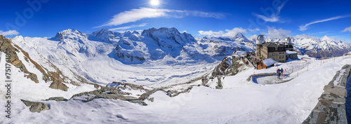 Panoramic view of the Gorner Glacier (Grenzgletscher) along with many summits of the Monte Rosa mountain range, as seen from the Gornergrat facing the Matterhorn in the Swiss Alps, Valais, Switzerland