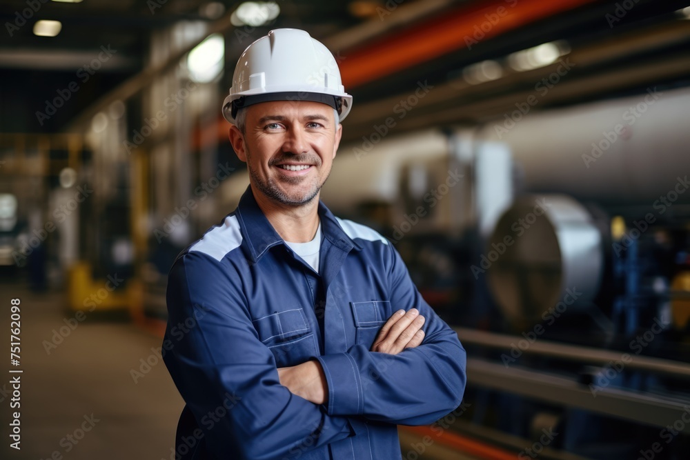 Portrait of Industry maintenance engineer in a blue jumpsuit and white helmet stands confidently in an industrial setting, arms crossed,
Portrait of Industry maintenance engineer in a blue jumpsuit and white helmet stands confidently in an industrial setting, arms crossed,
