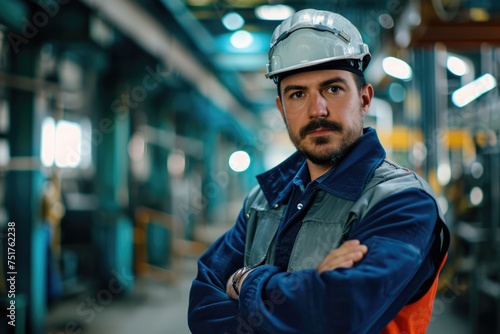 A worker in a helmet and blue outfit stands with crossed arms in an industrial setting, machinery visible in the background, highlighting workplace safety.