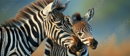 Two zebras standing close together in a lush green field under the sun