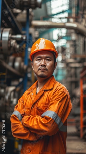 A worker in orange safety attire and helmet stands confidently in an industrial setting, surrounded by complex machinery. The focus is on industry and safety.