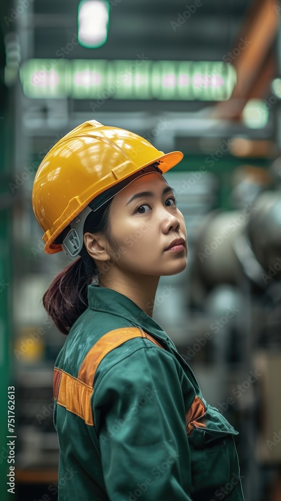 A worker in a green uniform and yellow helmet stands in an industrial setting, Machinery and metal structures are visible in the background. A worker in a green uniform and yellow helmet stands in an industrial setting, Machinery and metal structures are visible in the background.