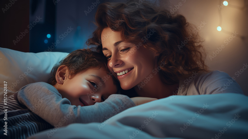 A tender and warm scene between a mother and a little boy cuddling in bed before going to sleep, against the blurry background of the warm lights of the children's room. Sleep rituals for children